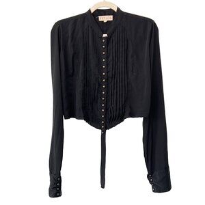 Pythia Pintuck Button Crop Blouse Size M Black Poly Silk Witchy Victorian Goth
